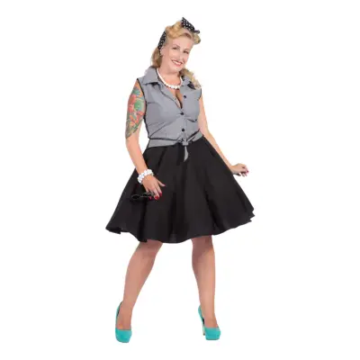 Rockabilly Klänning Svart/Vit med Kjol Maskeraddräkt - Small