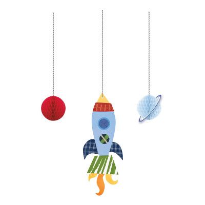 Rymdraket & Planet Honeycomb Hängande Dekoration - 3-pack