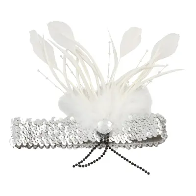 Vitt Paljettband med Fjädrar - One size