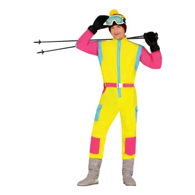 80-tals Skidoverall Rosa/Gul Herr Maskeraddräkt - Medium