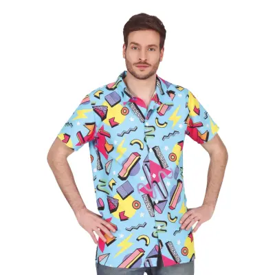 80-tals Skjorta Blå med Mönster - Large