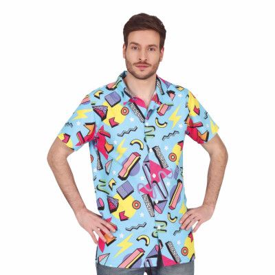 80-tals Skjorta Blå med Mönster - Medium