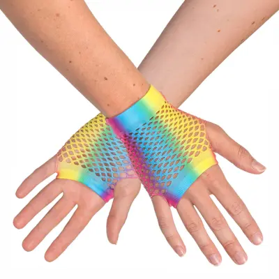 80-tals UV Fingerlösa Näthandskar Korta Regnbåge Neon - One size
