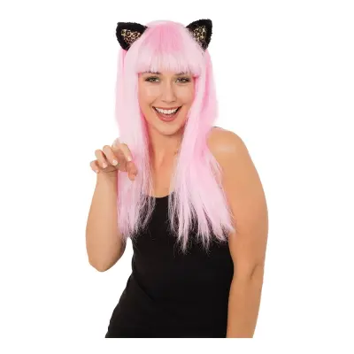 Rosa Peruk med Leopardöron - One size