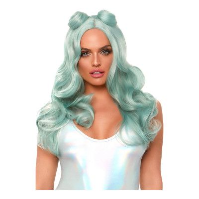 Turkos Lång Vågig Deluxe Peruk med Tofsar - One size