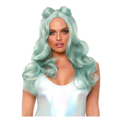 Turkos Lång Vågig Deluxe Peruk med Tofsar - One size