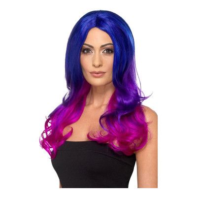 Lång Vågig Blå/Rosa Peruk - One size