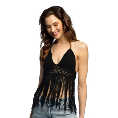 Festivaltopp Virkad med Fransar Svart - Medium