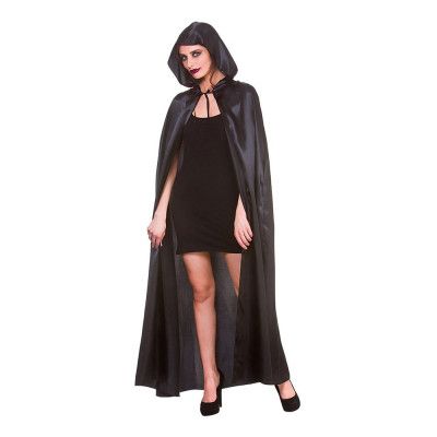 Cape Lång med Huva Svart i Satin - One size