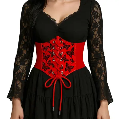Midjekorsett Röd Fjärilar med Snörning - One size