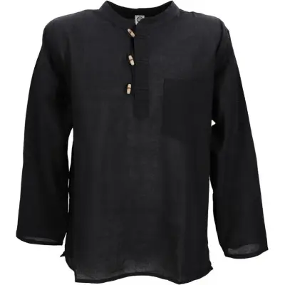 Guru-Shop Longsleeve - Nepal Fischerhemd, Goa Hippie Hemd, Yogahemd, Freizeithemd - schwarz - M XL - för Herr - svart