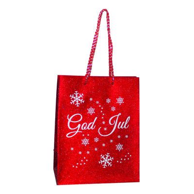 Presentpåse Röd/Glitter God Jul - 12 x 15 cm