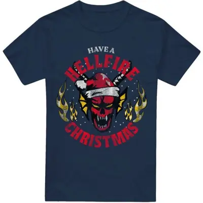 Stranger Things T-shirt - Hellfire Christmas - S XXL - för Herr - marinblå