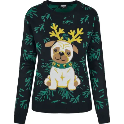 Urban Classics Christmas jumper - Ladies Pug Christmas Sweater - XS XL - för Dam - svart/grön