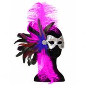 Brazilian-mask - silverfärgad ögonmask med rosa fjädrar