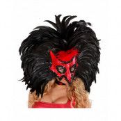 Deluxe Röd Mask med Stora Svarta Fjädrar, Kant och Paljetter