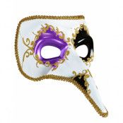 Vit Venetiansk Zanni Mask med Lila öga och Lång Näsa