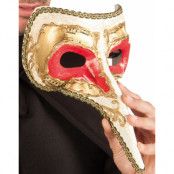 Vit venetiansk Zanni-mask med röda ögon och lång näsa