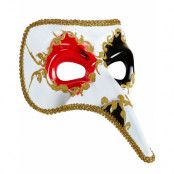 Vit Venetiansk Zanni Mask med Rött Öga och Lång Näsa