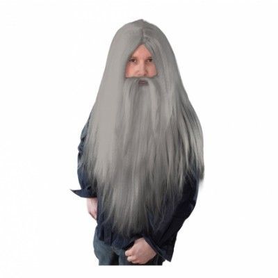 Trollkarlsperuk Grå med Skägg - One size