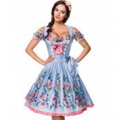 Ljusblå Dirndl Oktoberfest-klänning i lyxkvalitet med designade blommor på förklädet