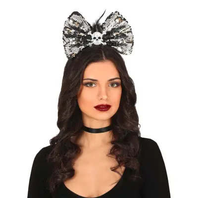 Diadem Paljettrosett med Dödskalle Silver - One size