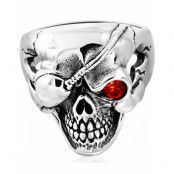 Pirate Skull - Silverfärgad Stålring med Röd CZ Sten