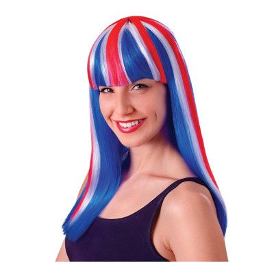 Lång Röd/Vit/Blå Peruk - One size