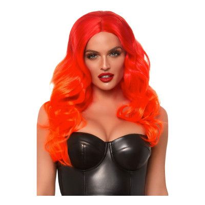 Lång Vågig Neon Orange Peruk - One size