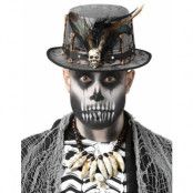 Silvergrå voodoo flosshatt med skelett och fjädrar och skalle