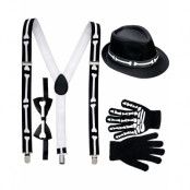 Skelett Kostymset med Hatt, Handskar, Byxhängslen och Rosett