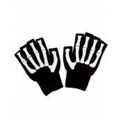Svarta Handskar med Öppna Fingertoppar - Vitt Skelettprint
