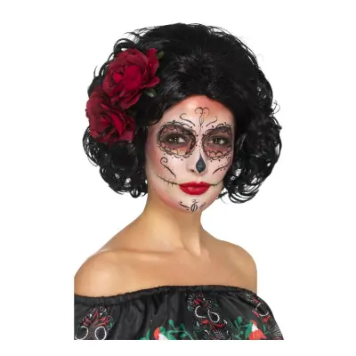 Day of the Dead Kort Svart Peruk - One size