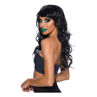 Lång Svart Peruk med Lockar - One size