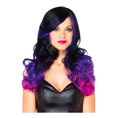 Lång Tretonad Svart/Lila/Rosa Deluxe Peruk - One size