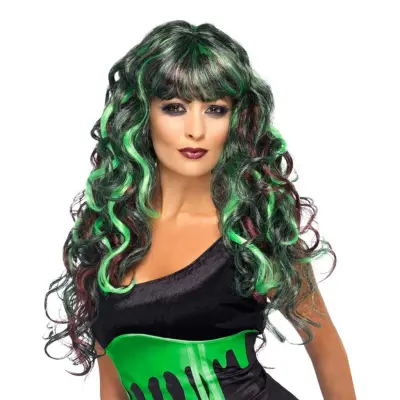 Monster Svart/Grön Lockig Peruk - One size