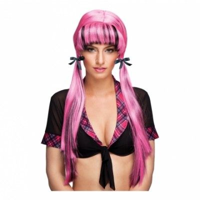 Skolflicka Rosa/Svart Peruk - One size